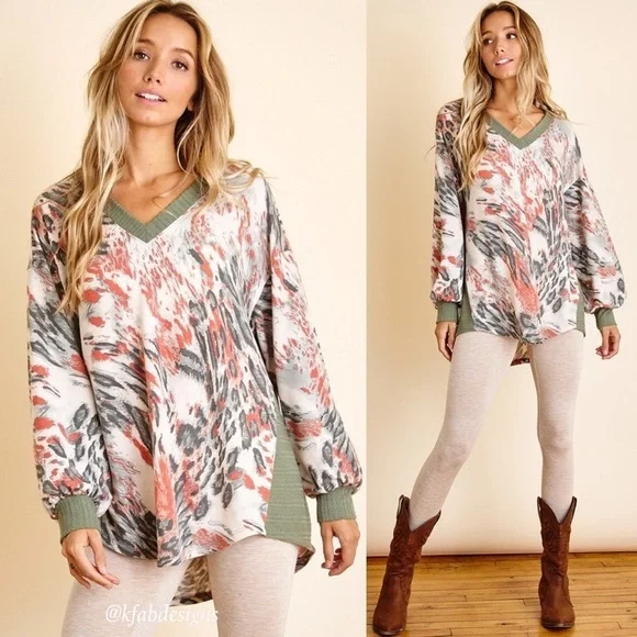 RESTOCK! CES FEMME V Neck Contrast Detail Olive/Rust  Printed Soft Knit Top! - Picture 5 of 7